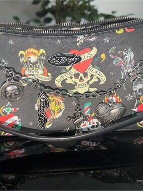 Ed Hardy Black Tattoo-Print Chain Charm Shoulder Bag